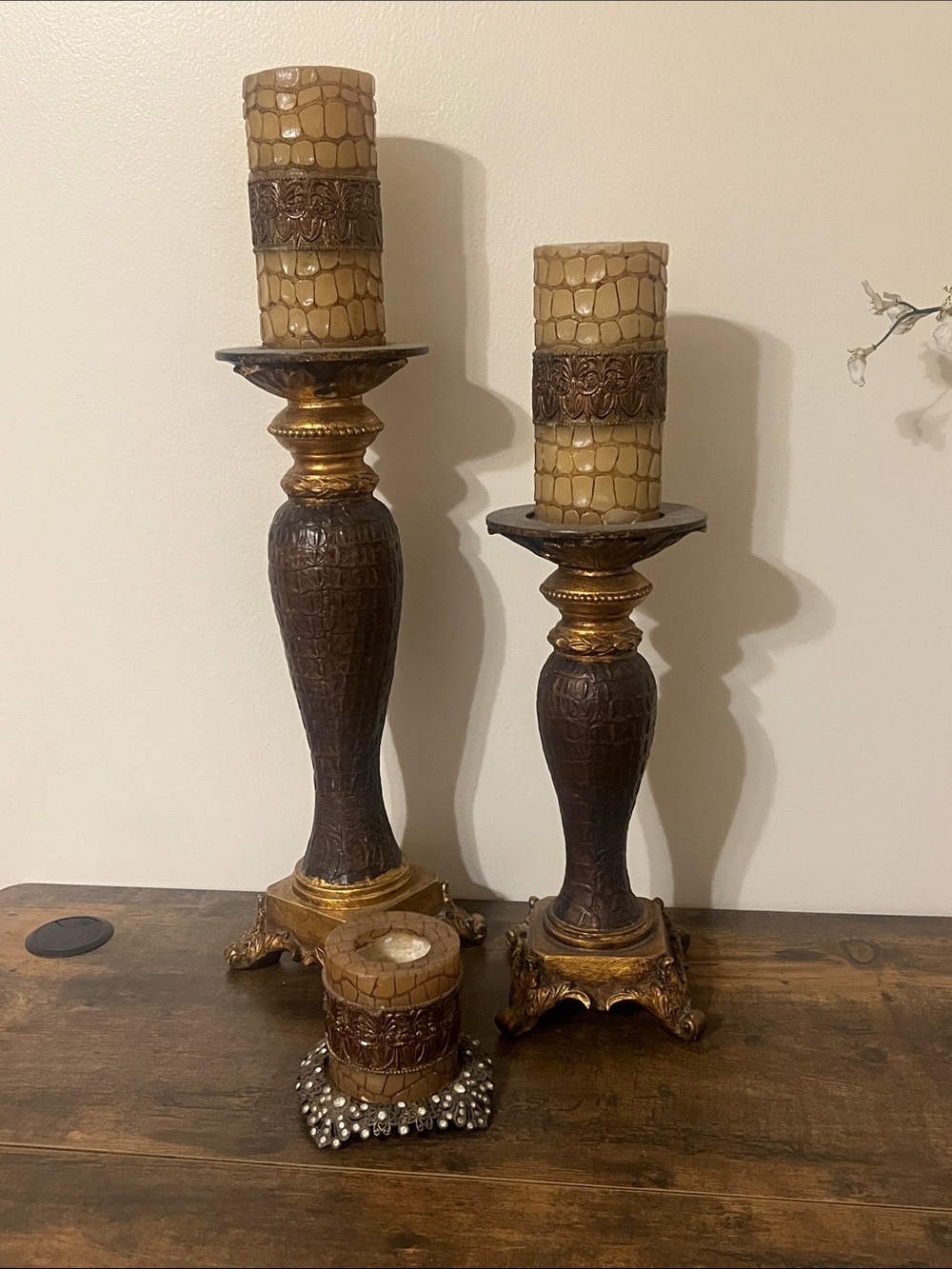 Decorative Brown and Gold Pillar Candle Holders - Set of 3